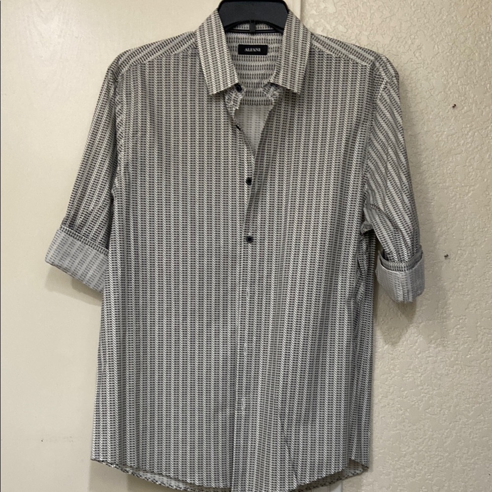 Alfani L Black and White Casual Button Down Shirt with Vertical Stripes ROLL TAB